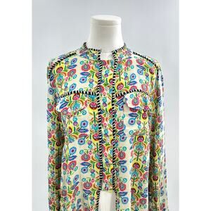 Natural Life Floral Top Folk Art Print Blouse Button up Green Shirt Small